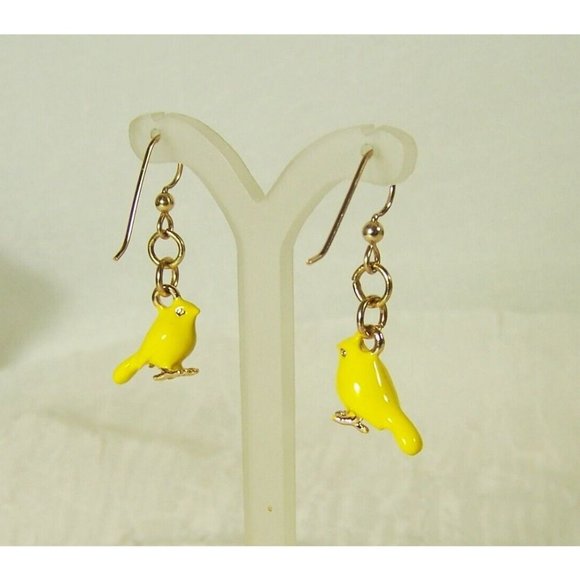 Yellow Canary Enamel Bird Earrings Gold Tone Spring Easter Jewelry 1" Drop - Picture 2 of 4